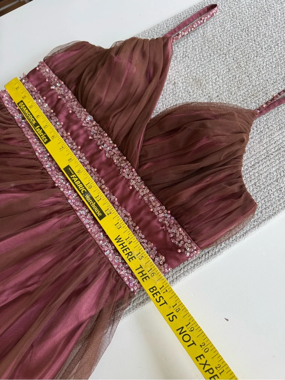 Vintage 90s JS Boutique Pink Brown Beaded Pearls Tulle Midi Dress Sz 14
